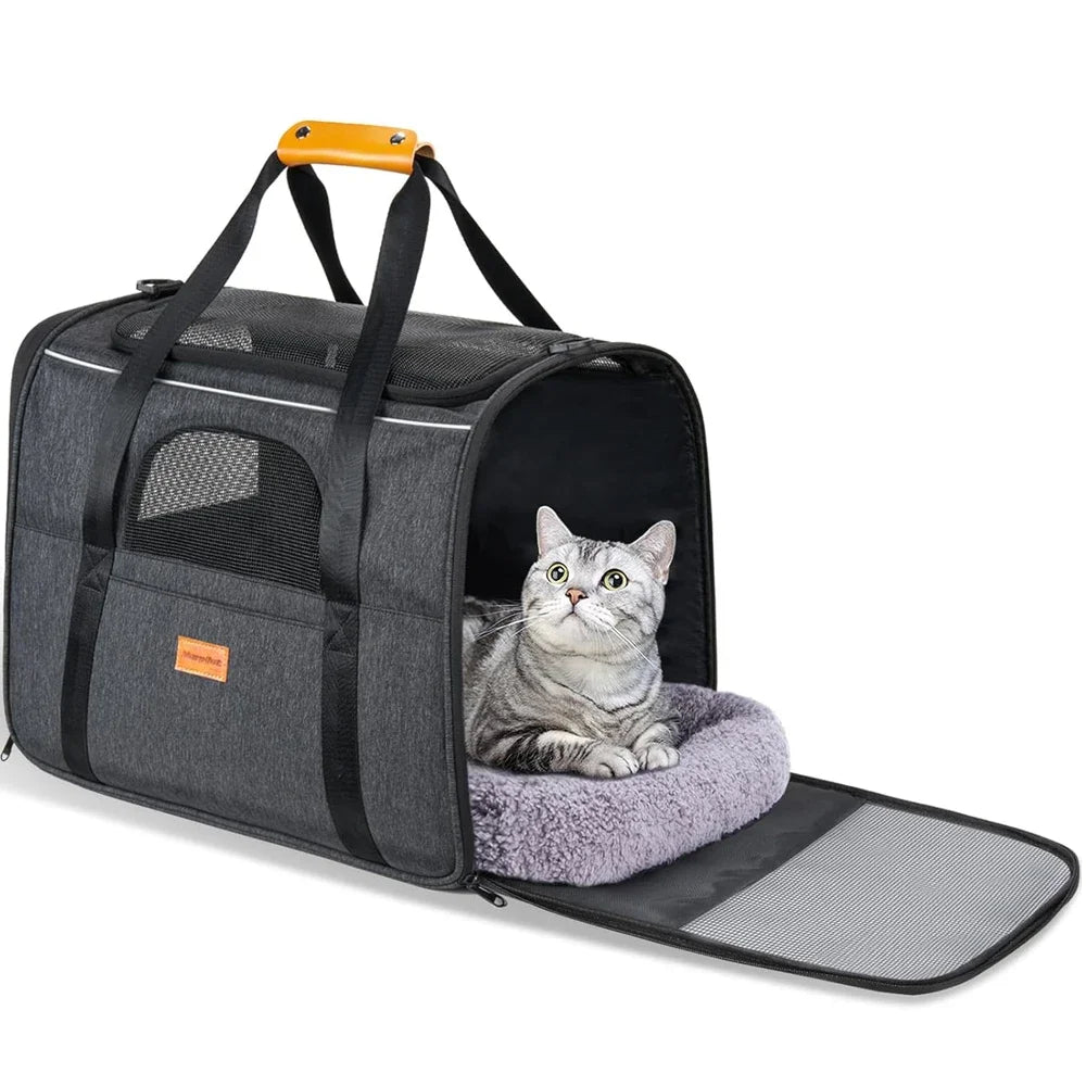 Sac Transport Chat, Sac Transport Chien Respirant et Pliable, Caisse de Transport Chat avec Bandoulière Réglable, Cage Transport Chat avec Matelas en Peluche Amovible