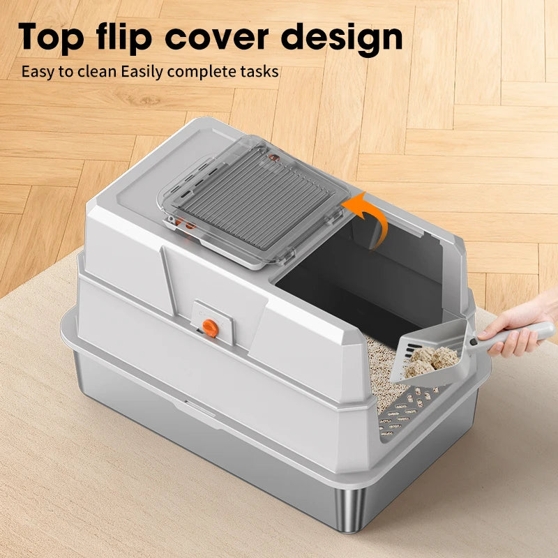 Bac à Litière Métal XXL pour Grands Chats | Acier Inoxydable, Extra Large (23x15x15 po), Amovible & Lavable