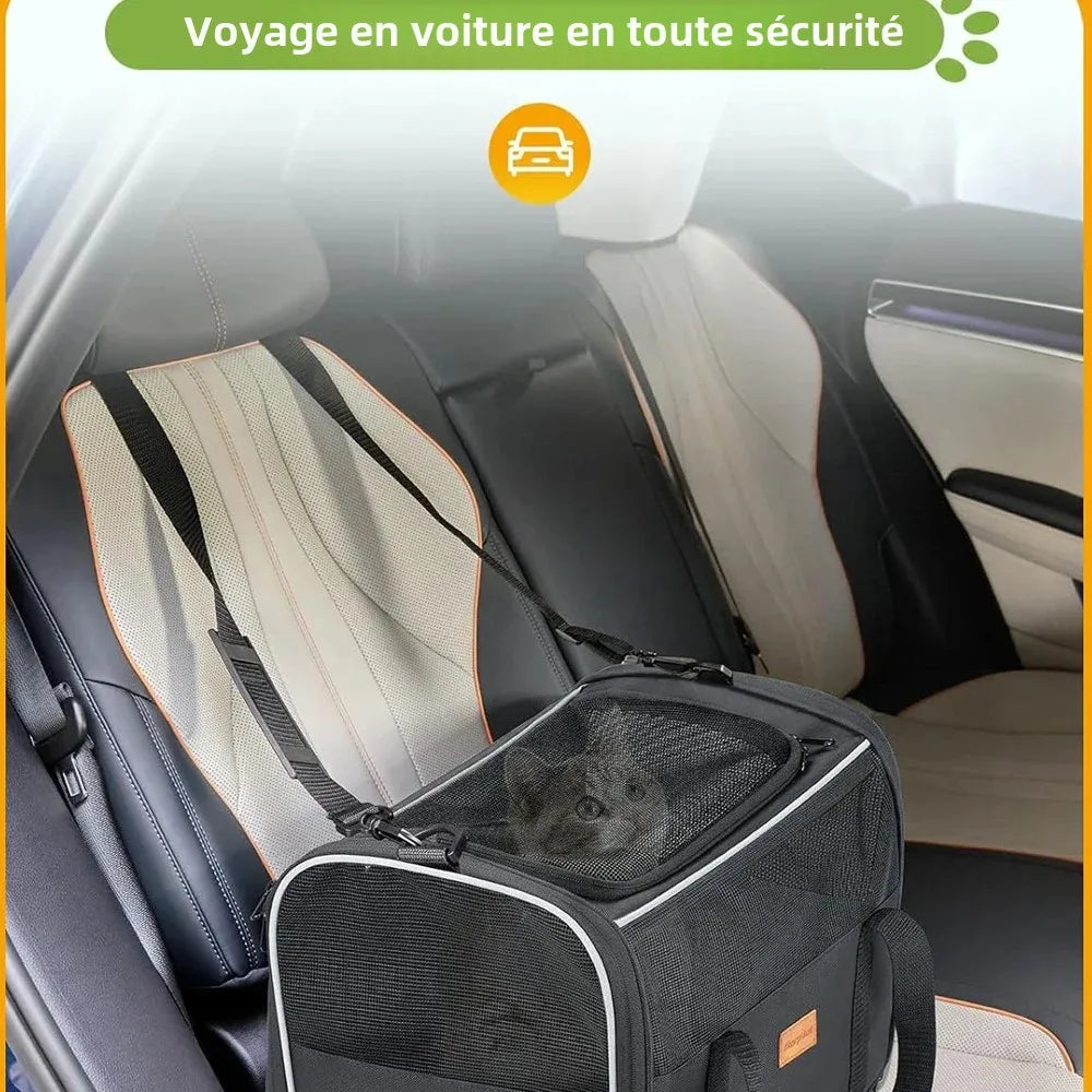 Sac Transport Chat, Sac Transport Chien Respirant et Pliable, Caisse de Transport Chat avec Bandoulière Réglable, Cage Transport Chat avec Matelas en Peluche Amovible