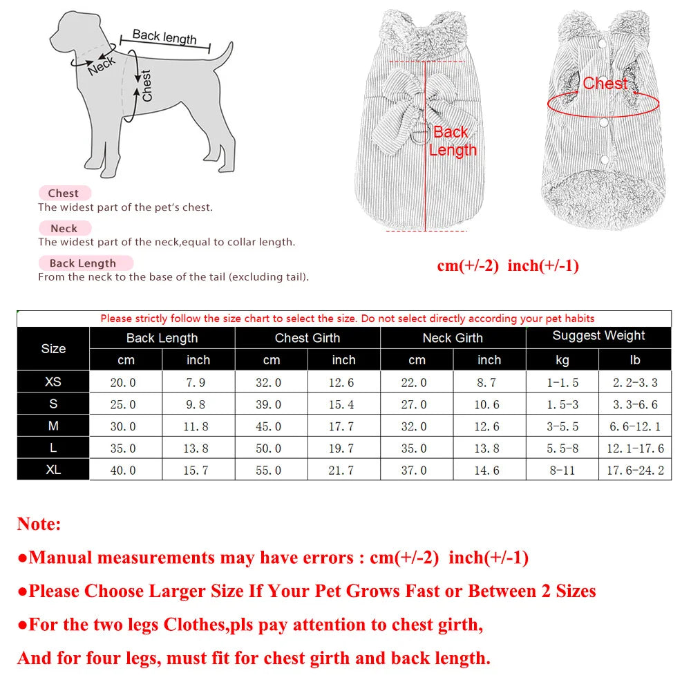 Manteau d’Hiver en Velours Côtelé avec Nœud  – Doux & Chaud | Avec Anneau en D | Pour Chats & Petits Chiens (XS–XL)