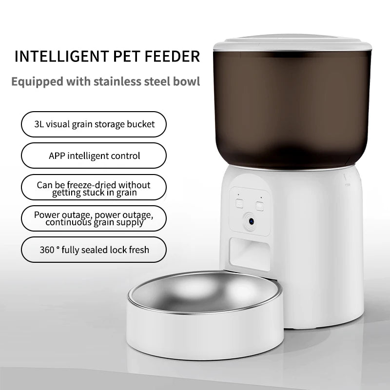 Mangeoire pour animaux de compagnie en acier inoxydable 3L, mangeoire automatique intelligente pour animaux de compagnie, caméra Wifi, nourriture sèche intelligente, bol pour chat, vidéo pour chien