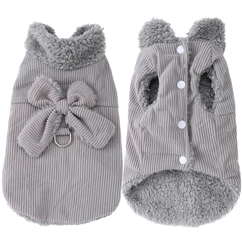 Manteau d’Hiver en Velours Côtelé avec Nœud  – Doux & Chaud | Avec Anneau en D | Pour Chats & Petits Chiens (XS–XL)