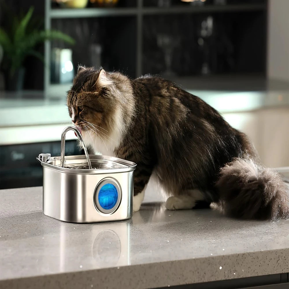 Fontaine à Eau Automatique en Acier Inoxydable – 3,2 L | Chats & Chiens | Ultra Silencieuse & Fenêtre Visuelle