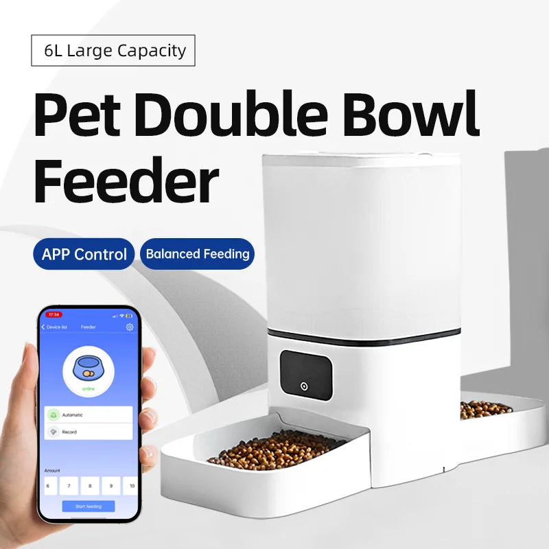 Mangeoire automatique pour chat WIFI 6L, mangeoire pour animaux de compagnie à double repas, distributeur de nourriture pour chat qui peut nourrir 2 animaux de compagnie en même temps, mangeoire pour chien