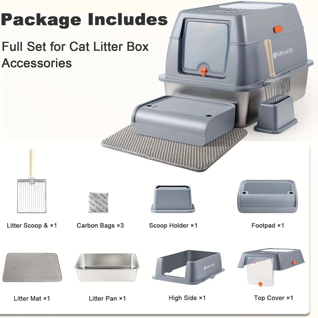 Bac à Litière Extra-Large en Acier Inoxydable avec Couvercle Fermé | Design Premium, Anti-Odeur, Entrée Basse (Idéal Chats Âgés/Petits)