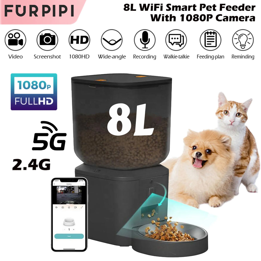 Mangeoire automatique pour chat 8L, avec caméra vidéo 1080p, WiFi 5G, distributeur de nourriture pour chat, enregistreur vocal intelligent pour animaux de compagnie, application Tuya, mangeoire automatique pour animaux de c