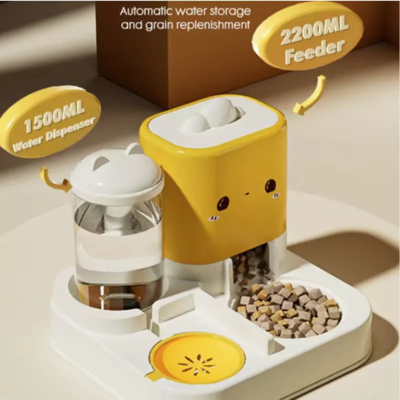 Mangeoire Automatique "Chat Souriant" (Design Mignon) | Distributeur 2-en-1 par Gravité, Grande Capacité (2000g) pour Chat et Petit Chien