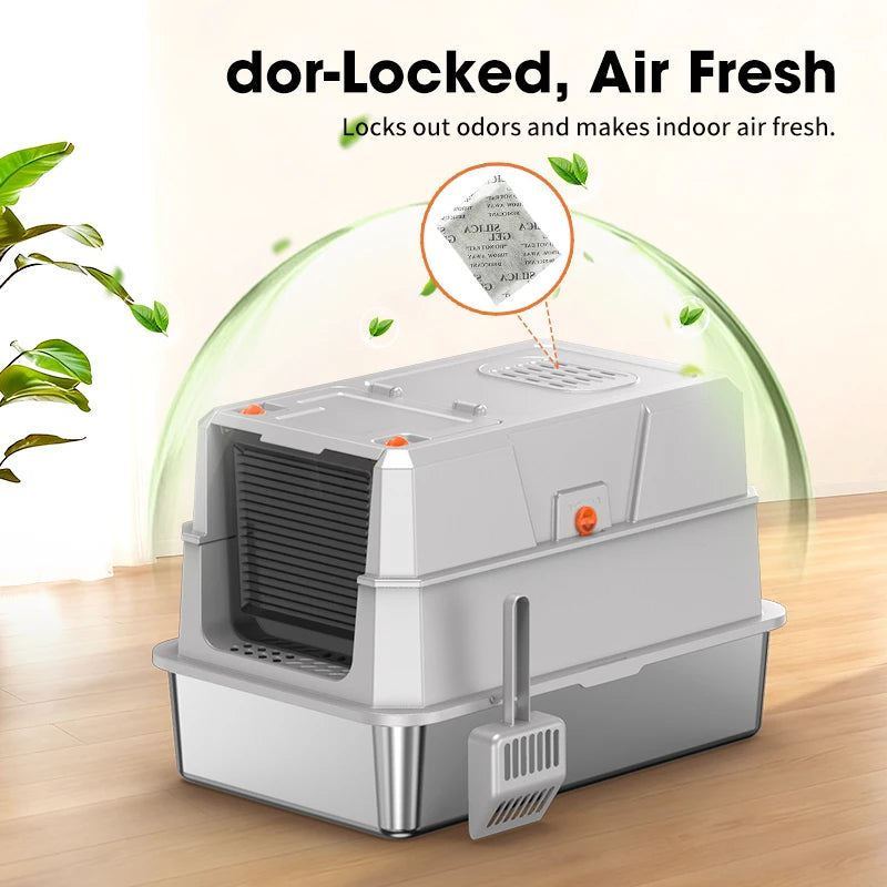 Bac à Litière Métal XXL pour Grands Chats | Acier Inoxydable, Extra Large (23x15x15 po), Amovible & Lavable