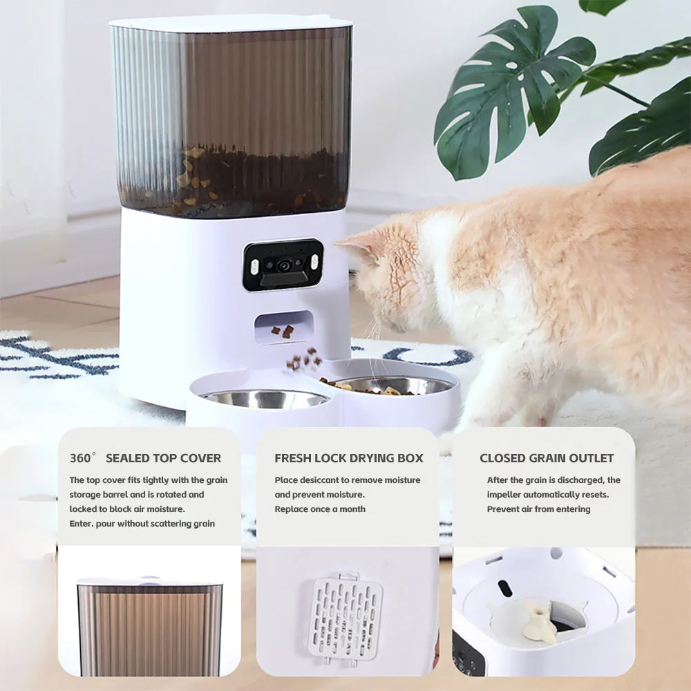 Mangeoire automatique intelligente avec caméra pour animaux de compagnie, double bols, distributeur de nourriture sèche pour chat, enregistreur vocal intelligent, distributeur vidéo pour chien, 5L