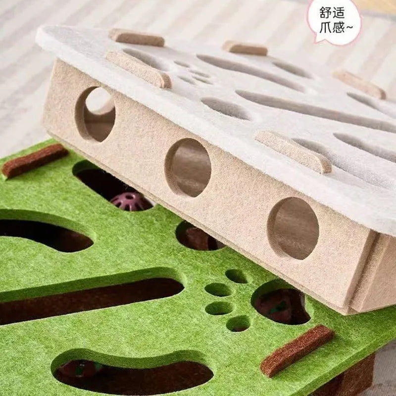 Puzzle Labyrinthe Interactif en Feutre pour Chat | Boîte de Jeu Anti-Ennui, avec Cloches et Double Griffoir Inclus (Kit à Assembler)