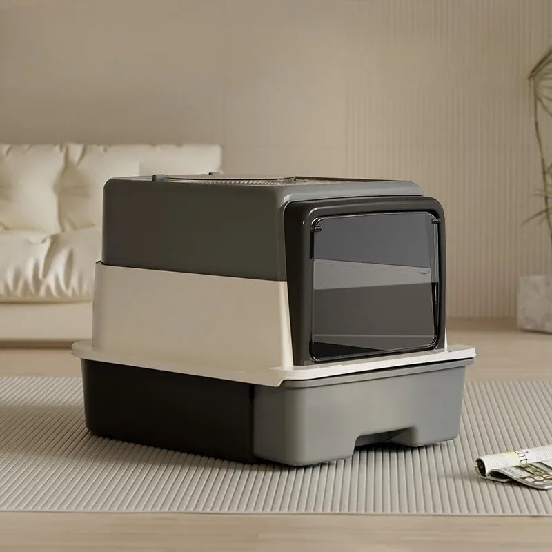 Bac à Litière XL Extra Large à Tiroir | Design Haut Face Anti-Éclaboussures, Entièrement Fermé, Amovible & Cuillère Incluse