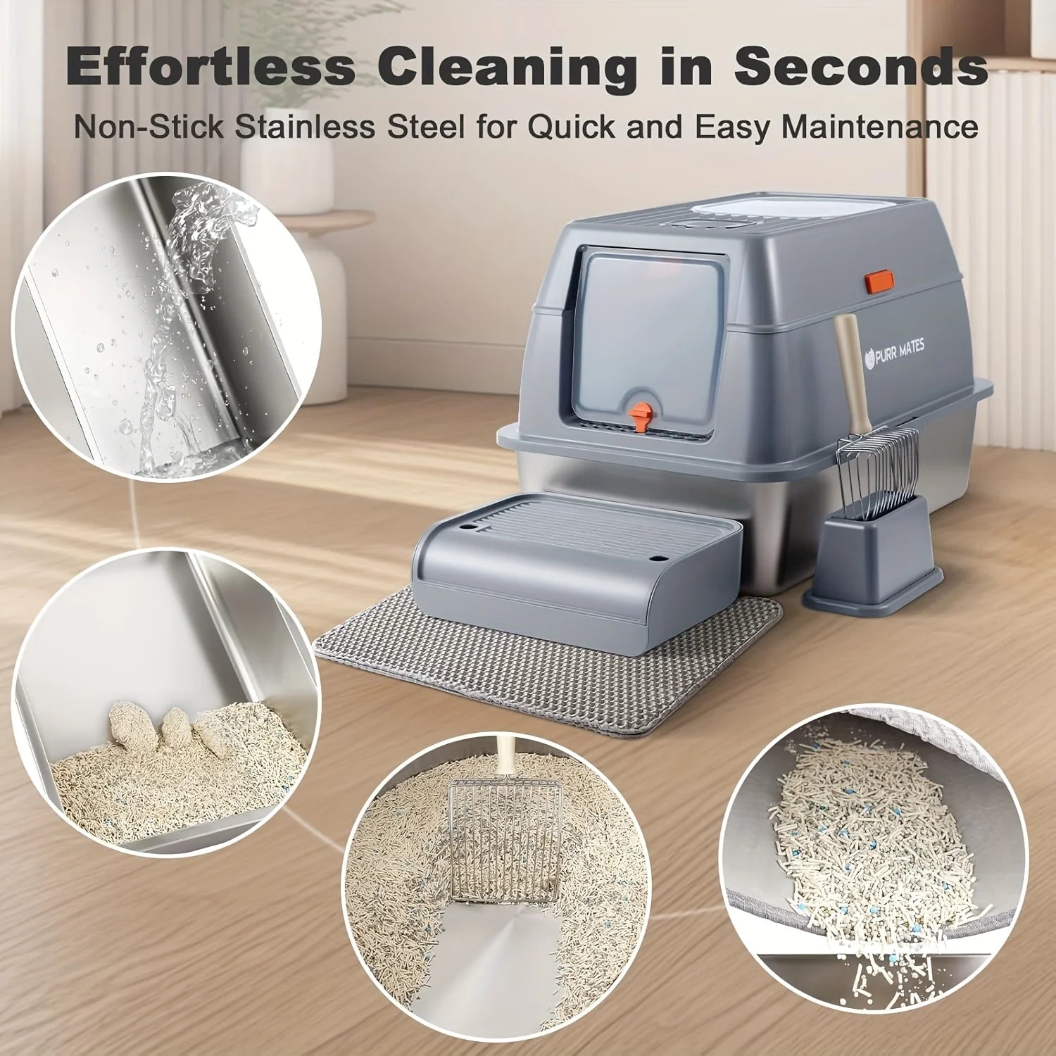 Bac à Litière Extra-Large en Acier Inoxydable avec Couvercle Fermé | Design Premium, Anti-Odeur, Entrée Basse (Idéal Chats Âgés/Petits)