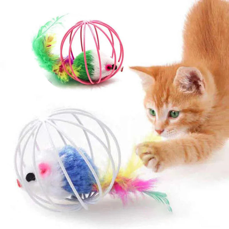 Jouet Classique "Souris dans Cage" pour Chat | Balle en Métal Durable avec Hochet (Sable) | Stimulation de l'Instinct de Chasse