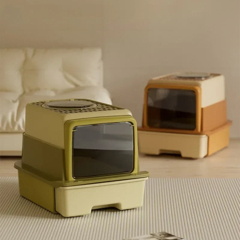 Bac à Litière XL Extra Large à Tiroir | Design Haut Face Anti-Éclaboussures, Entièrement Fermé, Amovible & Cuillère Incluse