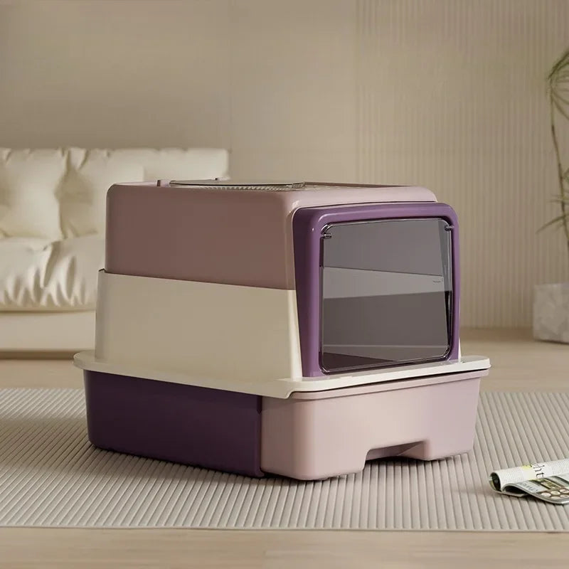 Bac à Litière XL Extra Large à Tiroir | Design Haut Face Anti-Éclaboussures, Entièrement Fermé, Amovible & Cuillère Incluse