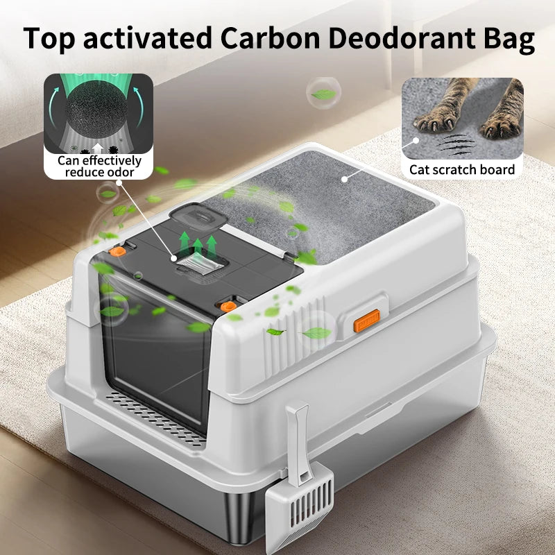 Bac à Litière LUXE XXXL (70 cm) en Acier Inoxydable | Couvercle Rabattable, Tapis Grattoir et Anti-Odeur (Pour Très Grands Chats)