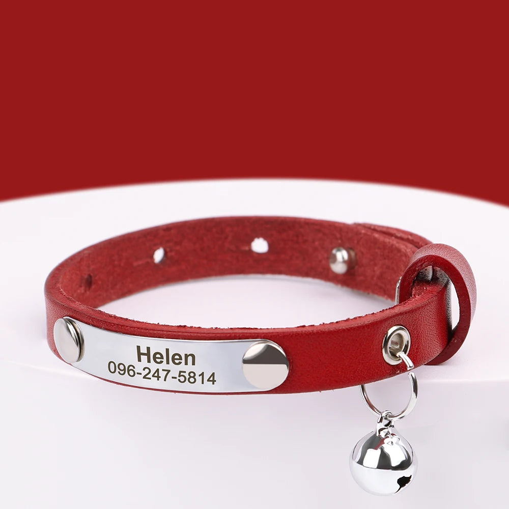 Collier d'Identification Personnalisé en Cuir pour Chat & Chiot | Anti-Perte, Gravé avec Nom et Numéro de Téléphone