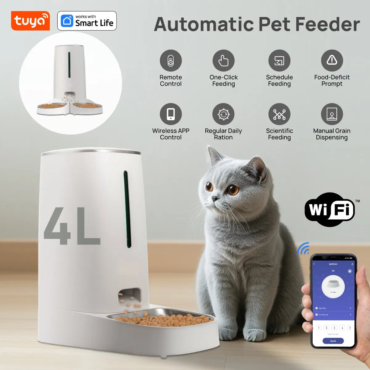 Mangeoire automatique pour animaux de compagnie 4L pour 1/2 chats, mangeoire automatique pour animaux de compagnie intelligente WiFi pour chats et chiens, distributeur de nourriture pour animaux de compagnie temporisé avec c