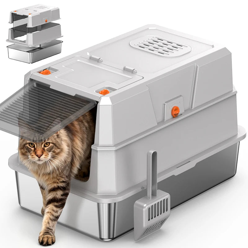 Bac à Litière Métal XXL pour Grands Chats | Acier Inoxydable, Extra Large (23x15x15 po), Amovible & Lavable