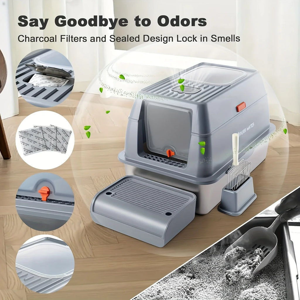 Bac à Litière Extra-Large en Acier Inoxydable avec Couvercle Fermé | Design Premium, Anti-Odeur, Entrée Basse (Idéal Chats Âgés/Petits)