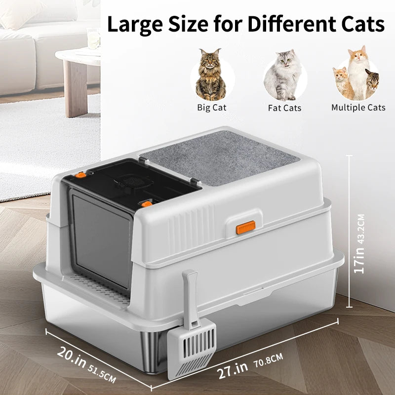 Bac à Litière LUXE XXXL (70 cm) en Acier Inoxydable | Couvercle Rabattable, Tapis Grattoir et Anti-Odeur (Pour Très Grands Chats)