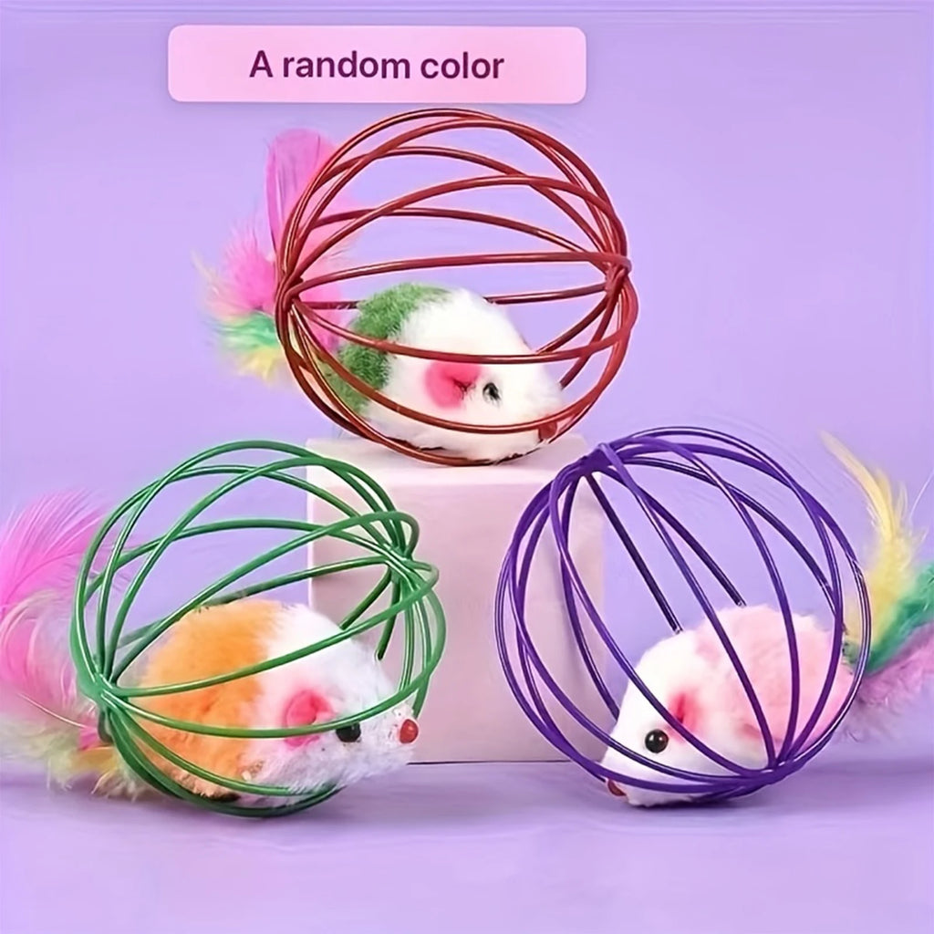 Jouet "Souris en Cage Peinte" pour Chat | Balle Sonore (Hochet), Queue en Plumes Réelles et Design Aléatoire pour la Surprise