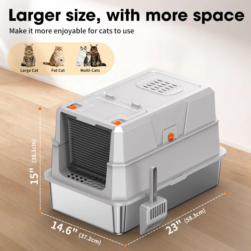 Bac à Litière Métal XXL pour Grands Chats | Acier Inoxydable, Extra Large (23x15x15 po), Amovible & Lavable