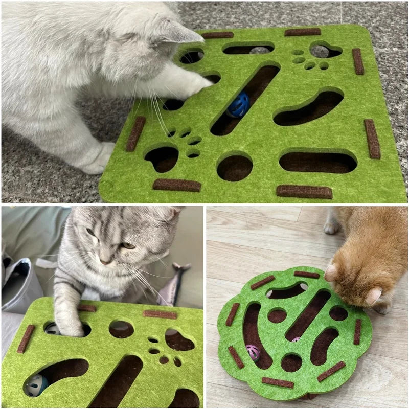 Puzzle Labyrinthe Interactif en Feutre pour Chat | Boîte de Jeu Anti-Ennui, avec Cloches et Double Griffoir Inclus (Kit à Assembler)