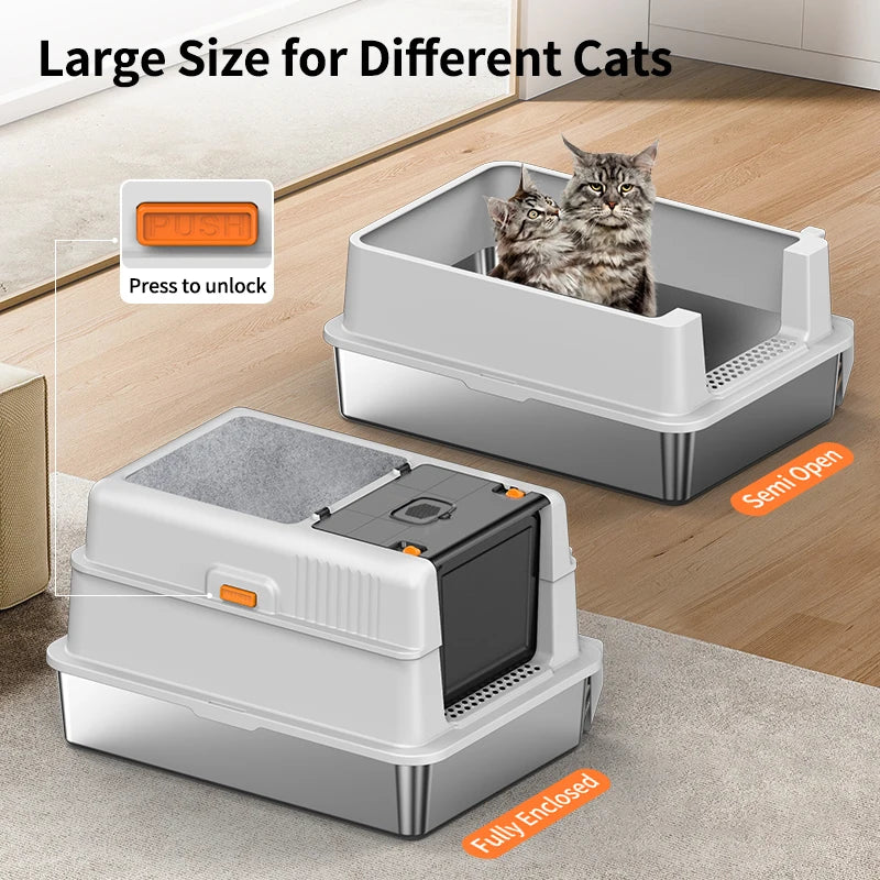 Bac à Litière LUXE XXXL (70 cm) en Acier Inoxydable | Couvercle Rabattable, Tapis Grattoir et Anti-Odeur (Pour Très Grands Chats)