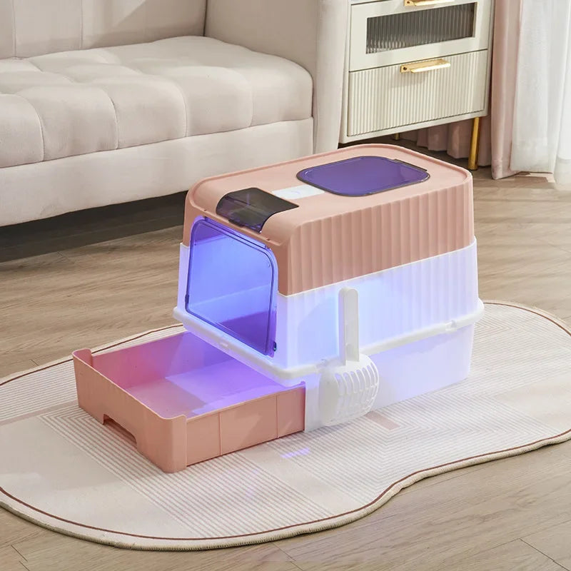 Grand Bac à Litière Intelligent | Stérilisation UV Anti-Odeur & Anti-Éclaboussures, Entièrement Fermé, Système à Tiroir Facile à Nettoyer
