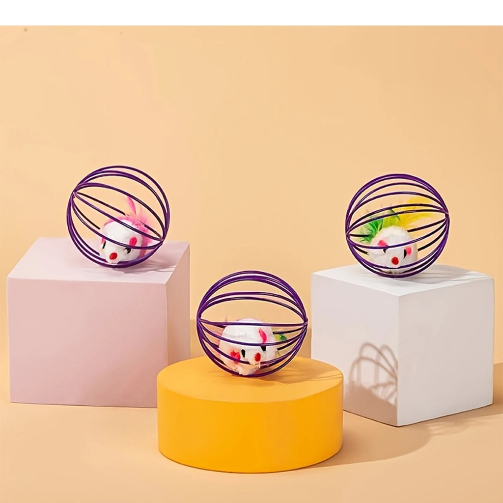 Jouet "Souris en Cage Peinte" pour Chat | Balle Sonore (Hochet), Queue en Plumes Réelles et Design Aléatoire pour la Surprise