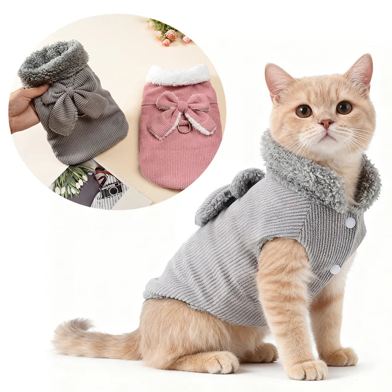 Manteau d’Hiver en Velours Côtelé avec Nœud  – Doux & Chaud | Avec Anneau en D | Pour Chats & Petits Chiens (XS–XL)