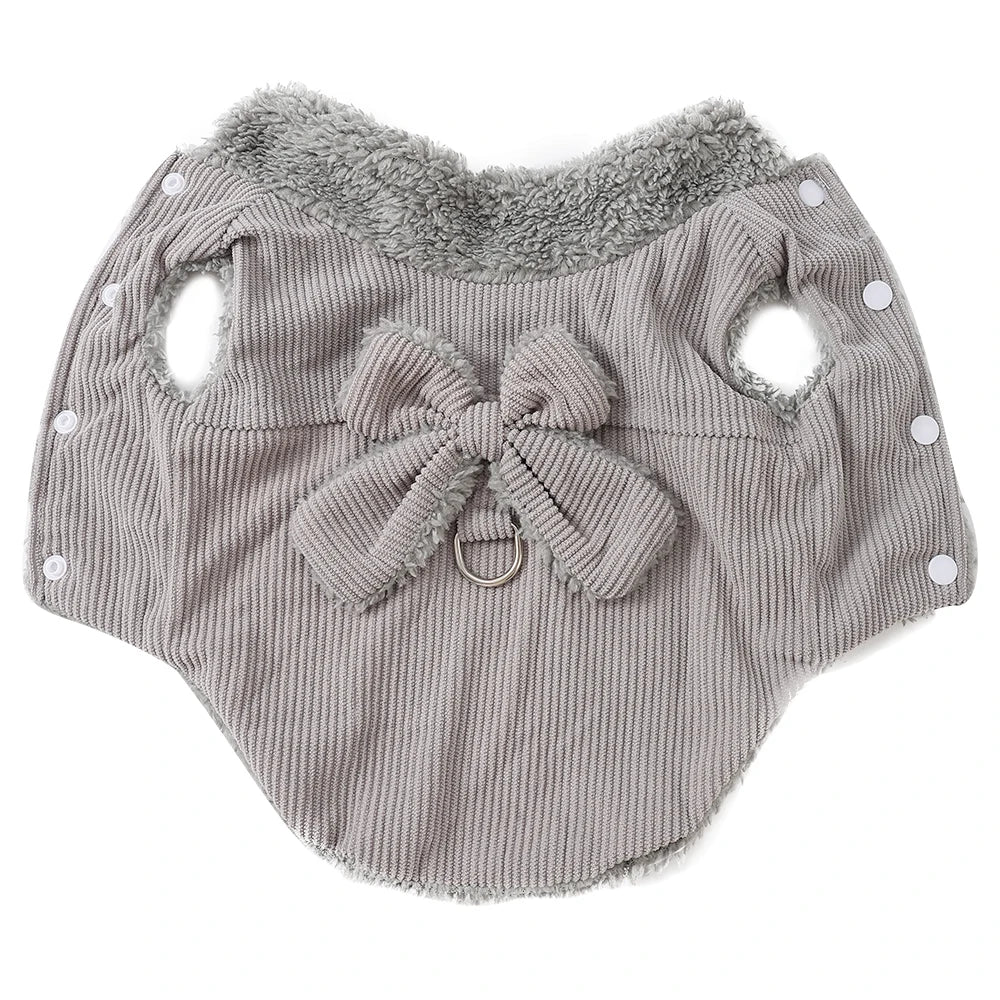 Manteau d’Hiver en Velours Côtelé avec Nœud  – Doux & Chaud | Avec Anneau en D | Pour Chats & Petits Chiens (XS–XL)