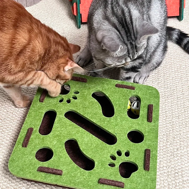 Puzzle Labyrinthe Interactif en Feutre pour Chat | Boîte de Jeu Anti-Ennui, avec Cloches et Double Griffoir Inclus (Kit à Assembler)