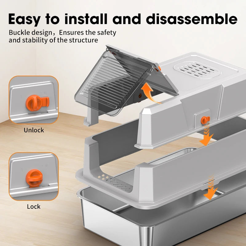 Bac à Litière Métal XXL pour Grands Chats | Acier Inoxydable, Extra Large (23x15x15 po), Amovible & Lavable