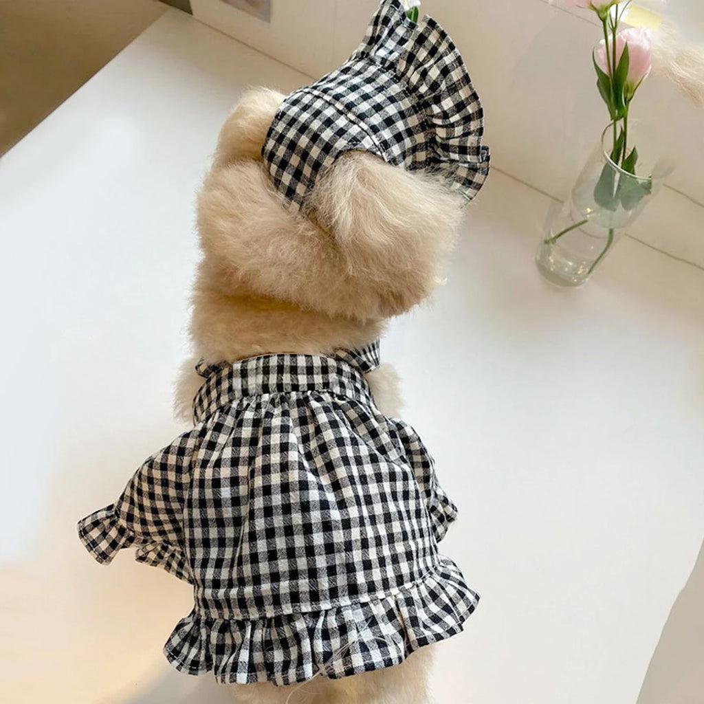 Vêtements pour chiens à la mode, Style moderne, jupe à carreaux noire et blanche avec chapeau, vêtements pour chiens, robes, accessoires pour animaux de compagnie, vêtements d'été pour chiots