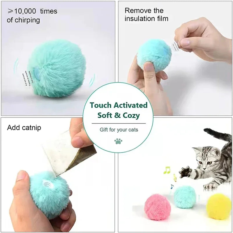 Jouet Électrique Balle Sonore pour Chat | Activation Tactile, Simule 3 Sons d'Animaux (Chasse) | Peluche Douce, Longue Durée de Vie