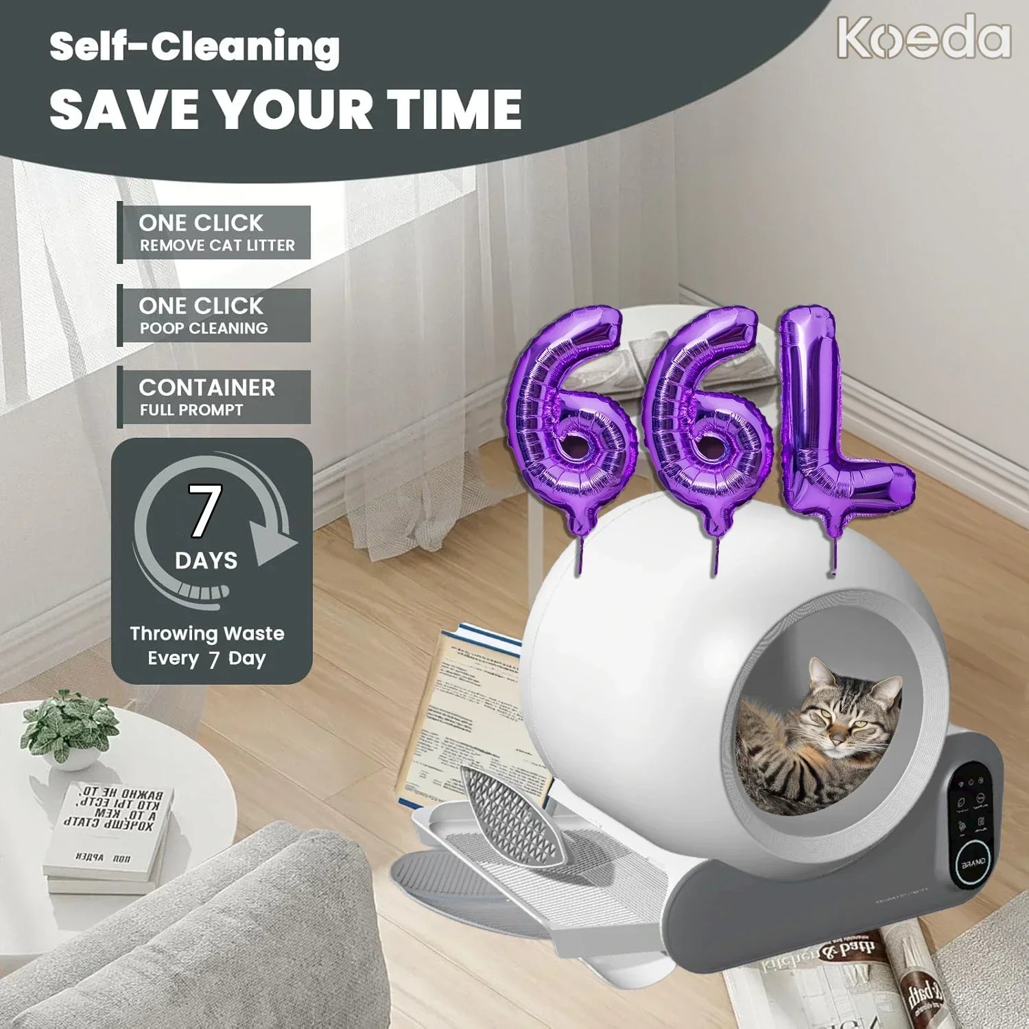 Bac à Litière Autonettoyant LUXE (66L) | Contrôle Wi-Fi/App, Système Anti-Odeur & Sécurité 100% Brevetée | Pour Chats 1.5-10KG