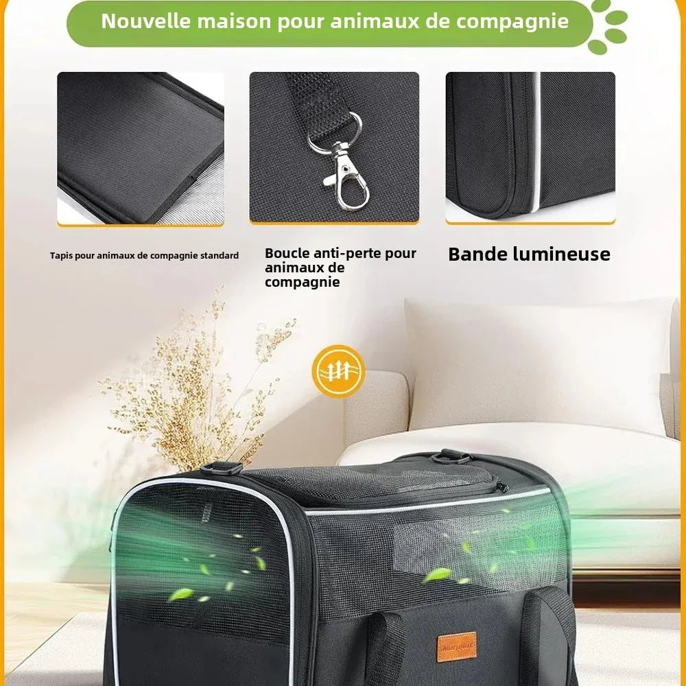 Sac Transport Chat, Sac Transport Chien Respirant et Pliable, Caisse de Transport Chat avec Bandoulière Réglable, Cage Transport Chat avec Matelas en Peluche Amovible