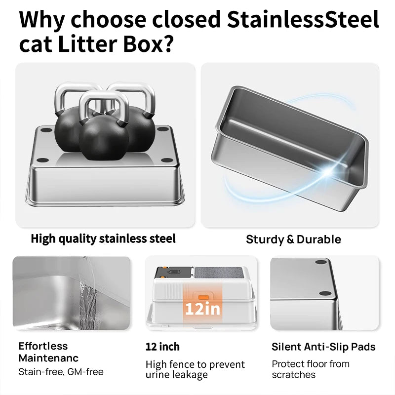 Bac à Litière LUXE XXXL (70 cm) en Acier Inoxydable | Couvercle Rabattable, Tapis Grattoir et Anti-Odeur (Pour Très Grands Chats)
