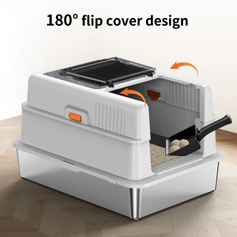 Bac à Litière LUXE XXXL (70 cm) en Acier Inoxydable | Couvercle Rabattable, Tapis Grattoir et Anti-Odeur (Pour Très Grands Chats)
