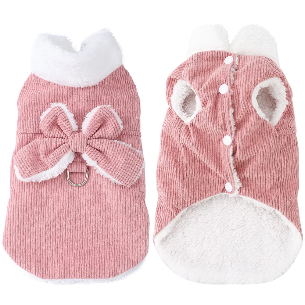 Manteau d’Hiver en Velours Côtelé avec Nœud  – Doux & Chaud | Avec Anneau en D | Pour Chats & Petits Chiens (XS–XL)