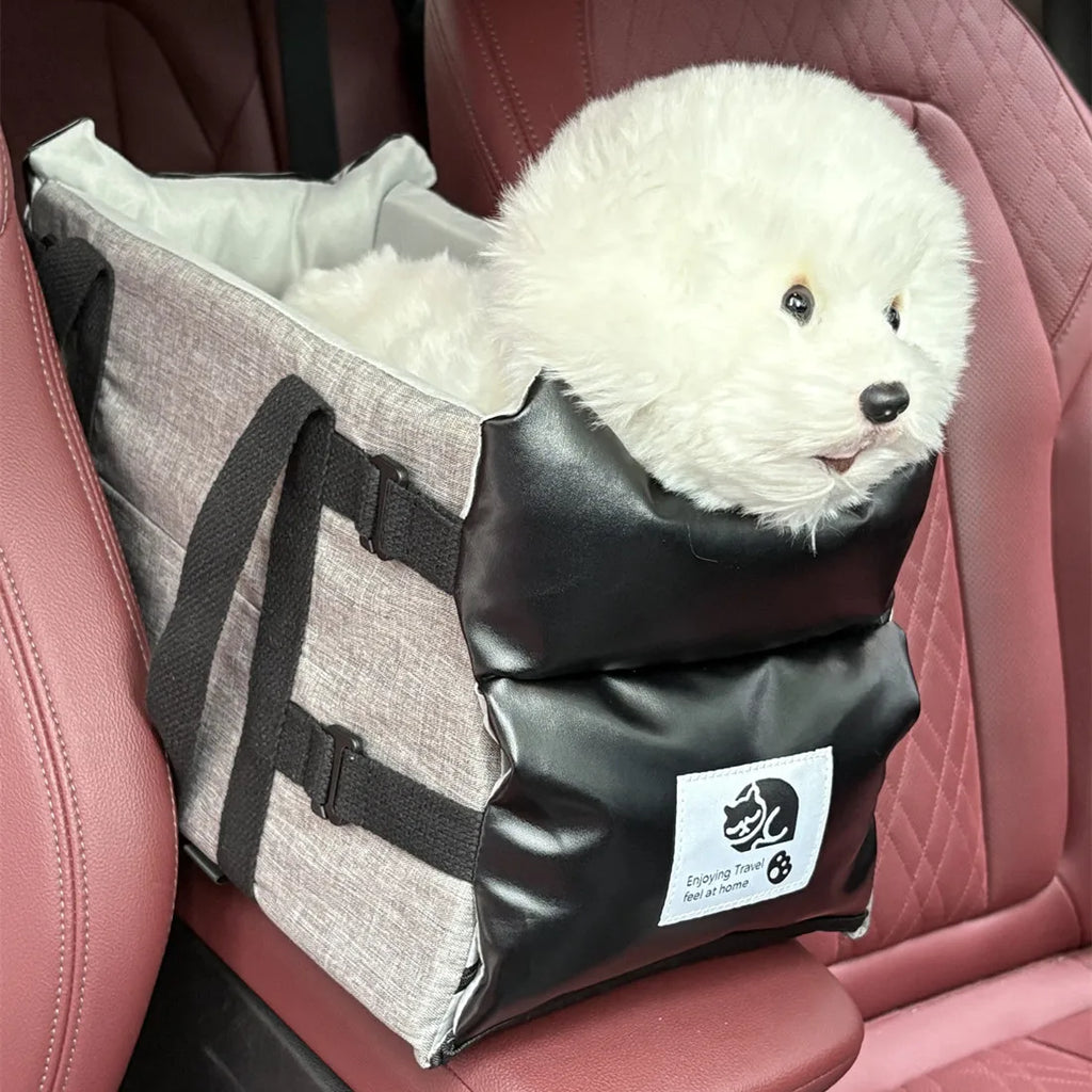 Siège Auto Luxe pour Console Centrale (42 cm) | Cuir & Oxford Imperméable, Portable, Amovible, Lavable (Chats & Petits Chiens 5 kg)
